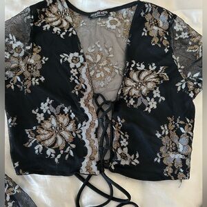 Fashion Nova Black and Gold Floral Mesh Top